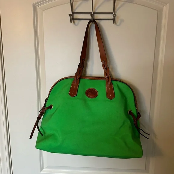 Dooney & Bourke Large Domed Satchel in bright lime green nylon and leather trim - Picture 2 of 4